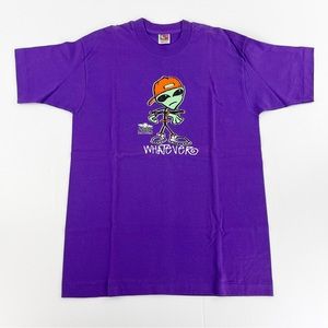 Vintage Stick World Alien Whatever Graphic Purple Short Sleeve T Shirt